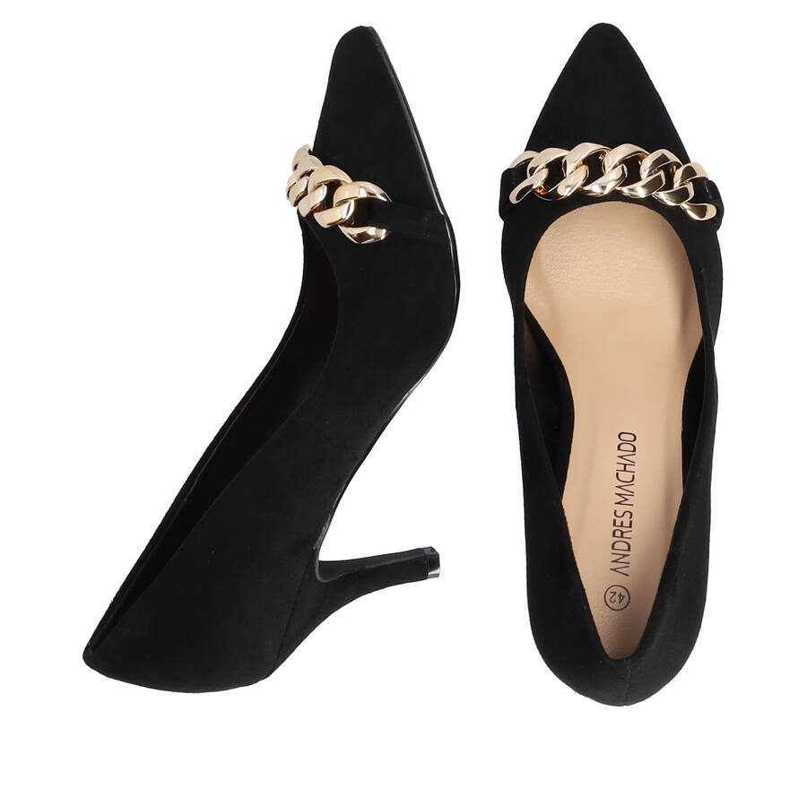 Heeled shoes in black faux suede with chain link detail 