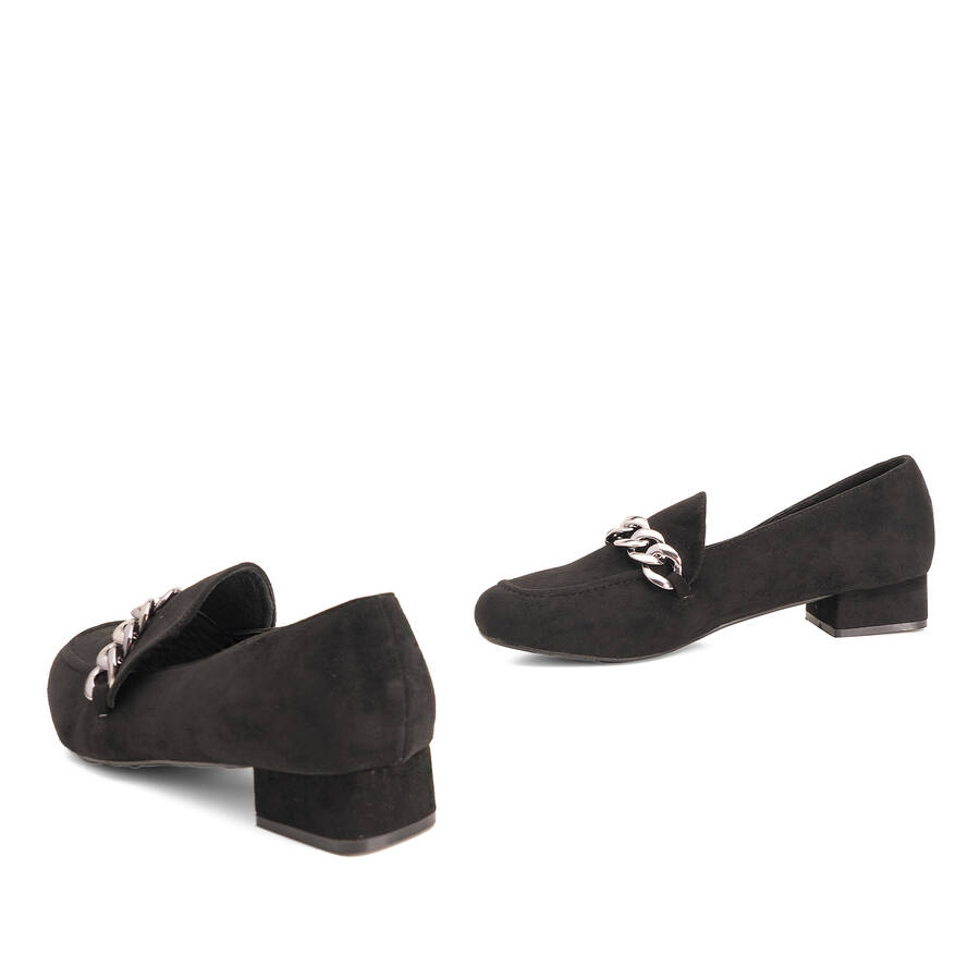 Moccasins in black faux suede with chain link detail 