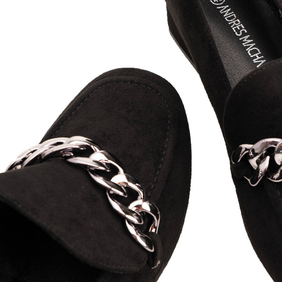 Moccasins in black faux suede with chain link detail 