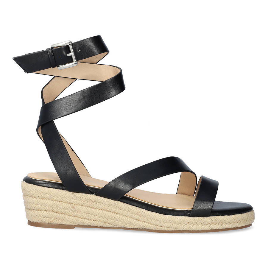 Black faux leather sandals with jute wedge 