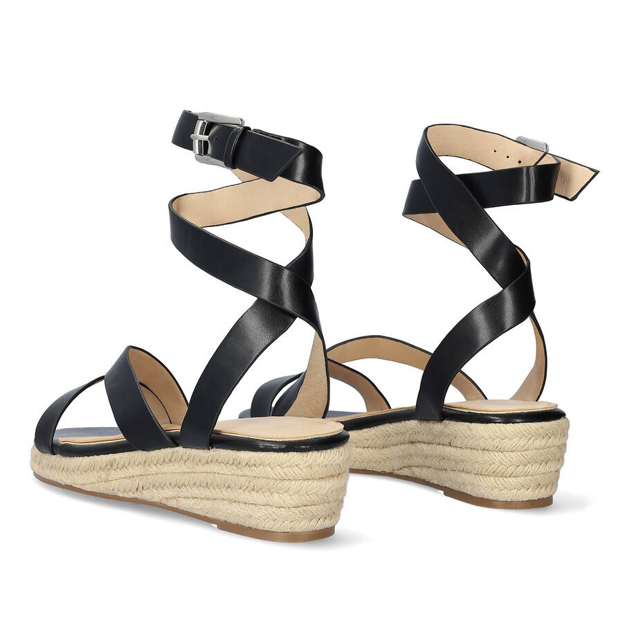 Black faux leather sandals with jute wedge 