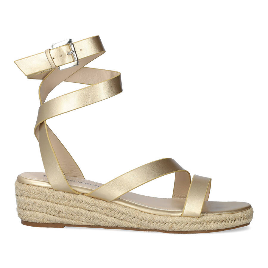 Gold faux leather sandals with jute wedge 