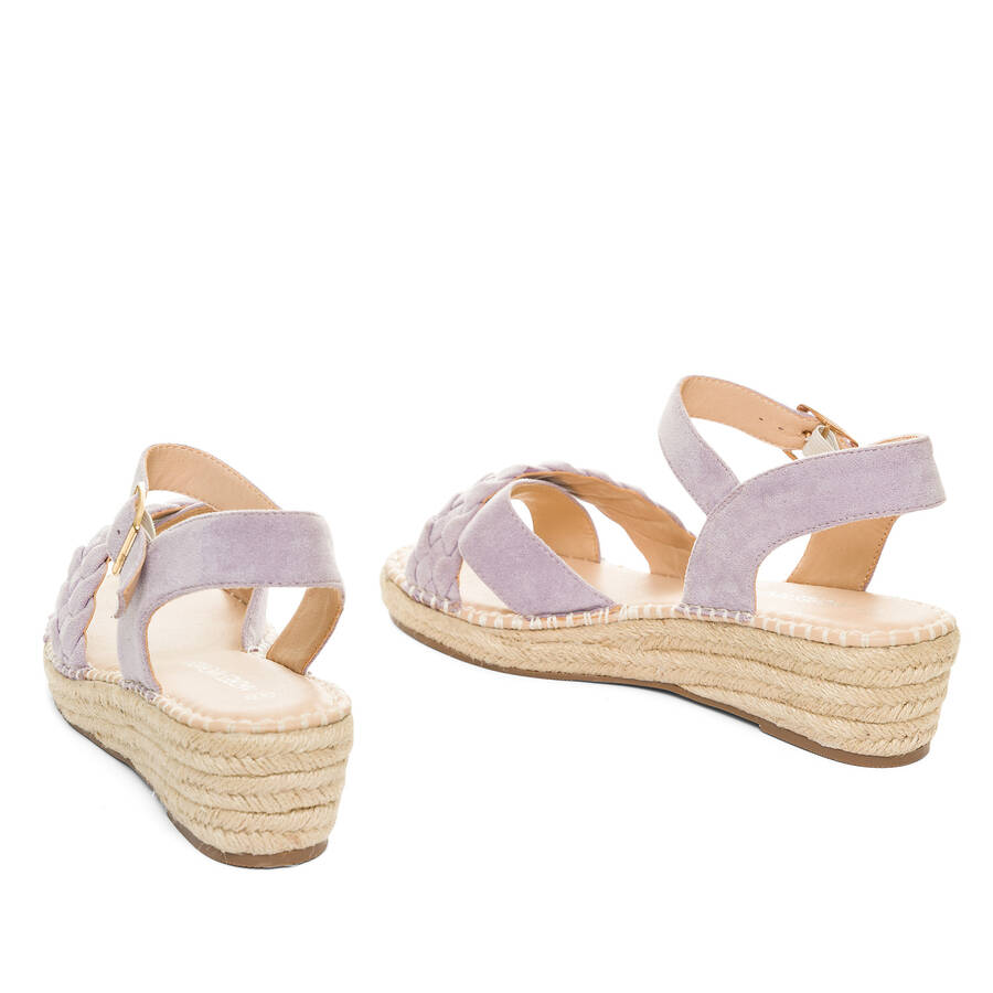 Purple faux suede sandals with jute wedge 