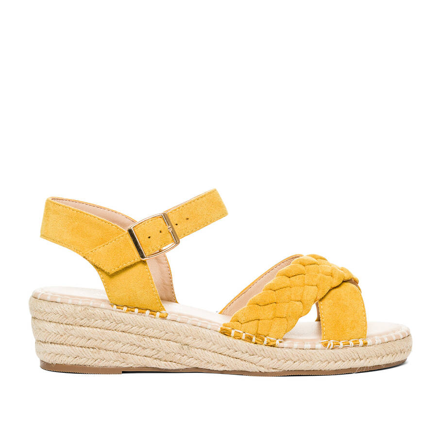 Mustard faux suede sandals with jute wedge 