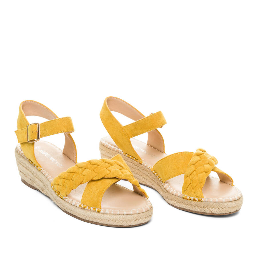 Mustard faux suede sandals with jute wedge 