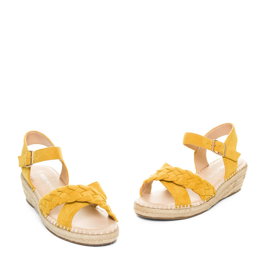 Mustard faux suede sandals with jute wedge 