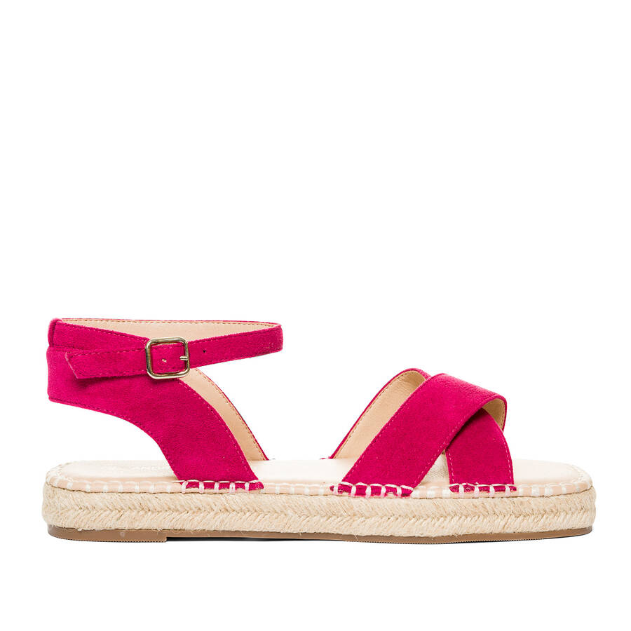 Fuchsia faux suede sandals with jute wedge 