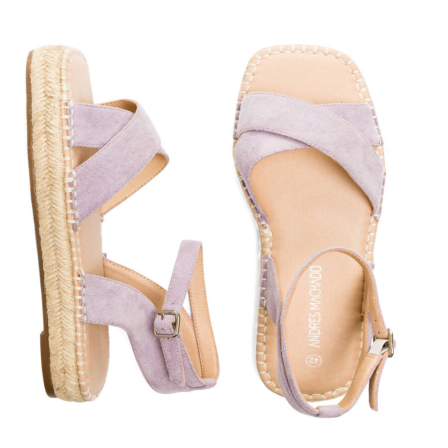 Purple faux suede sandals with jute wedge 