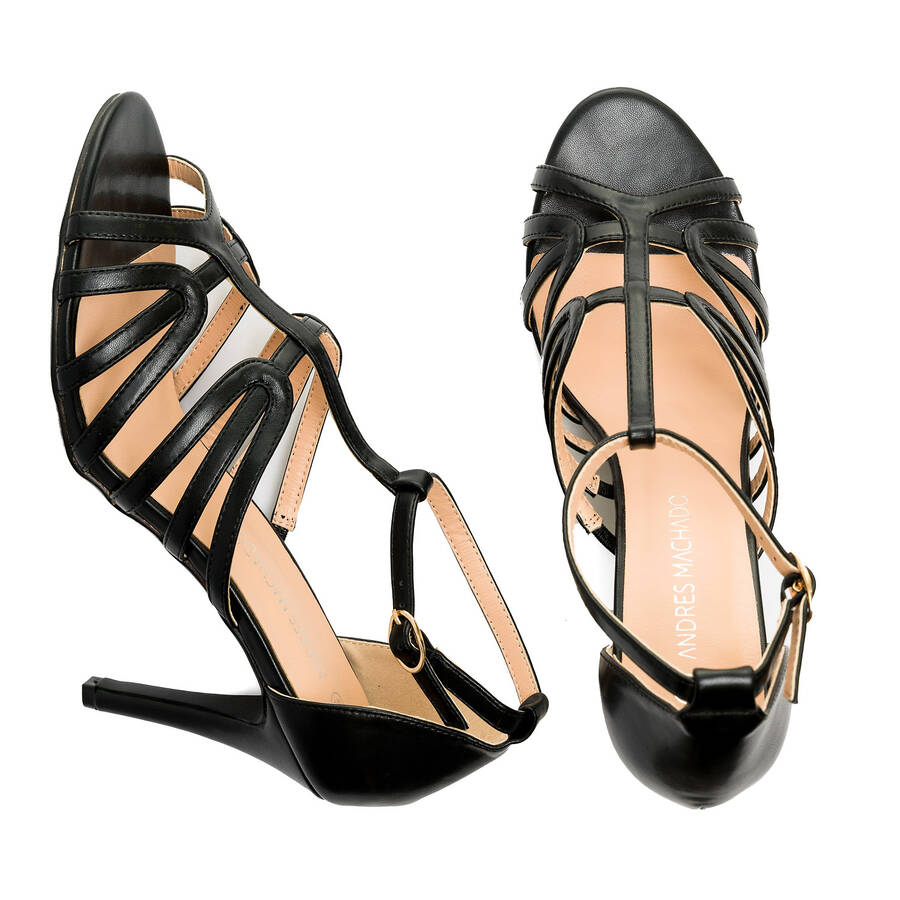 Black faux leather heeled sandals 