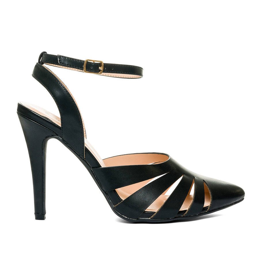 Black faux leather, pointed toed court shoes 