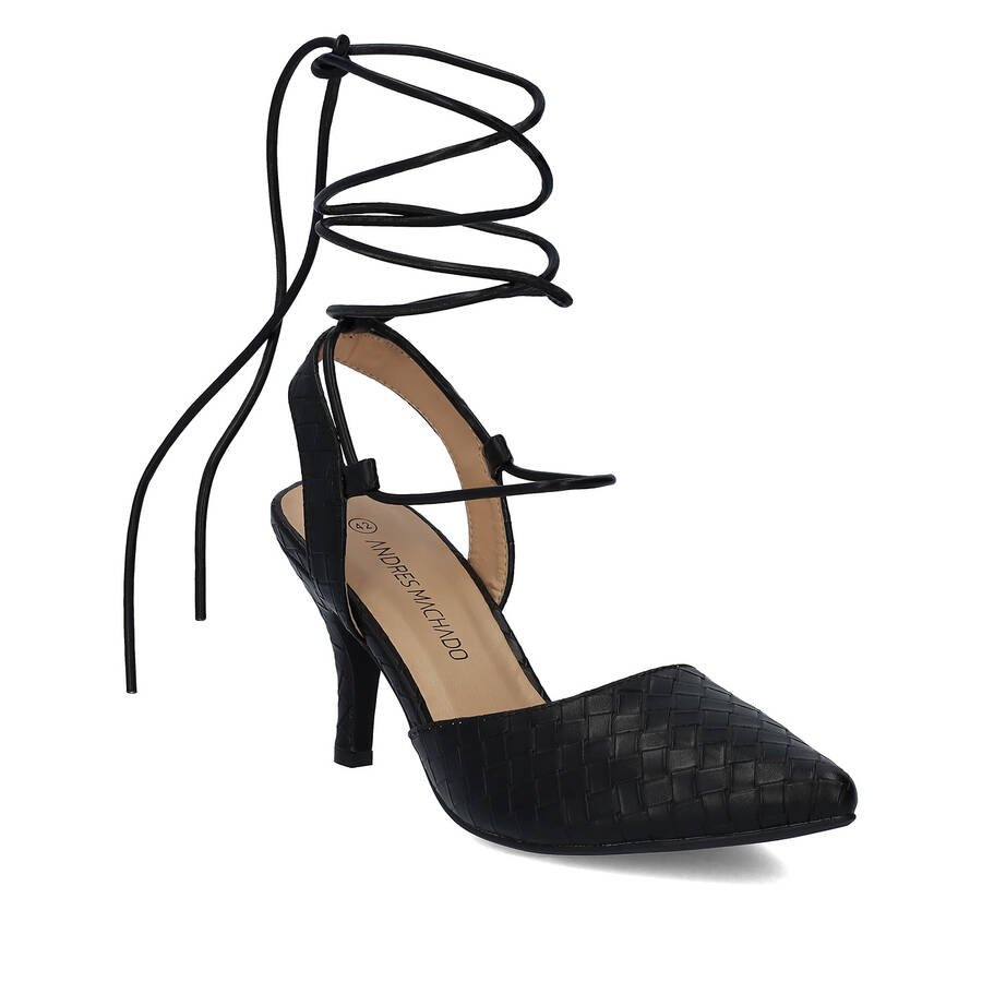 Woven black faux leather heeled shoes 