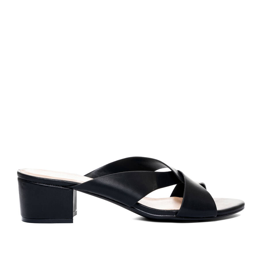 Black faux leather mules 