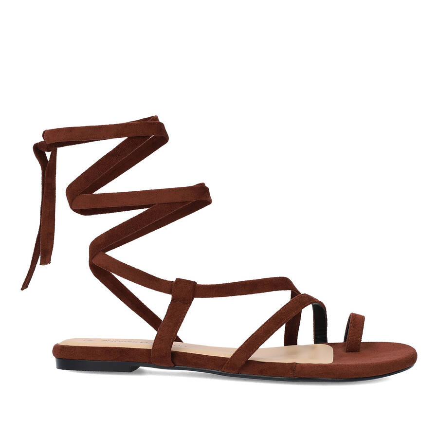 Brown faux suede flat sandals 