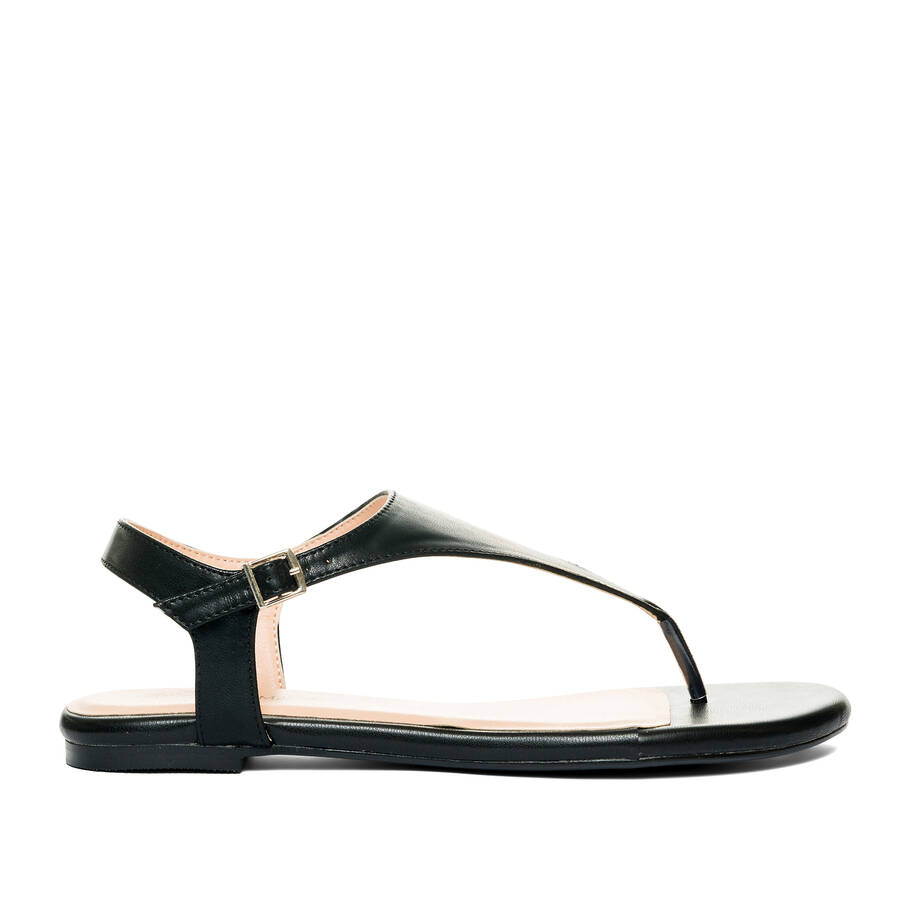 Black faux leather flat sandals 