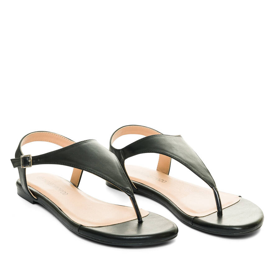 Black faux leather flat sandals 