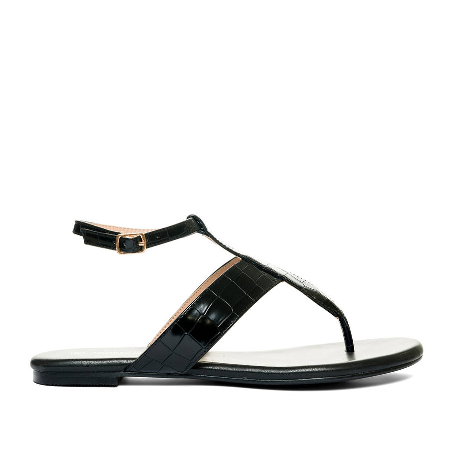 Black faux leather flat sandals 