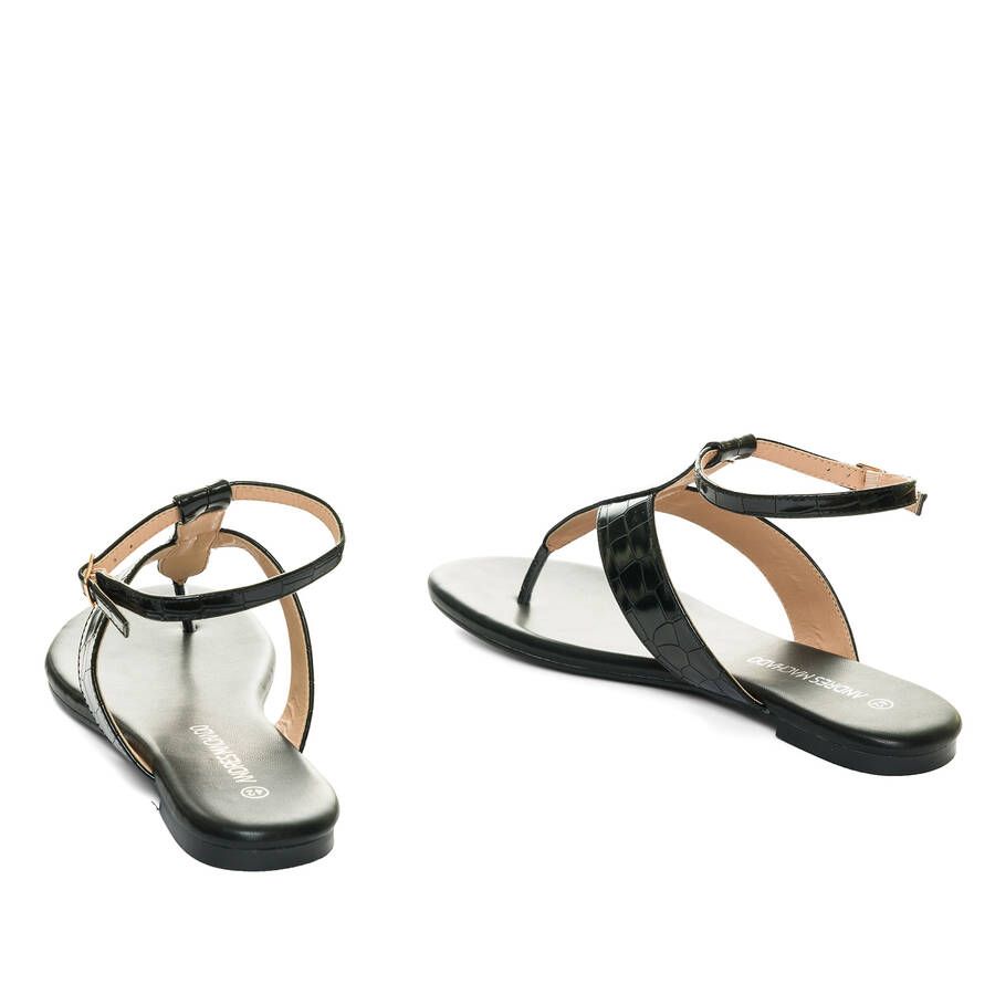 Black faux leather flat sandals 