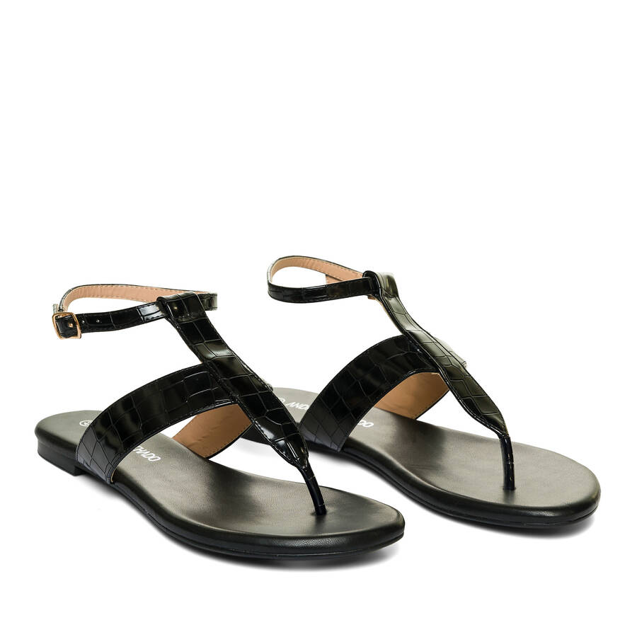 Black faux leather flat sandals 