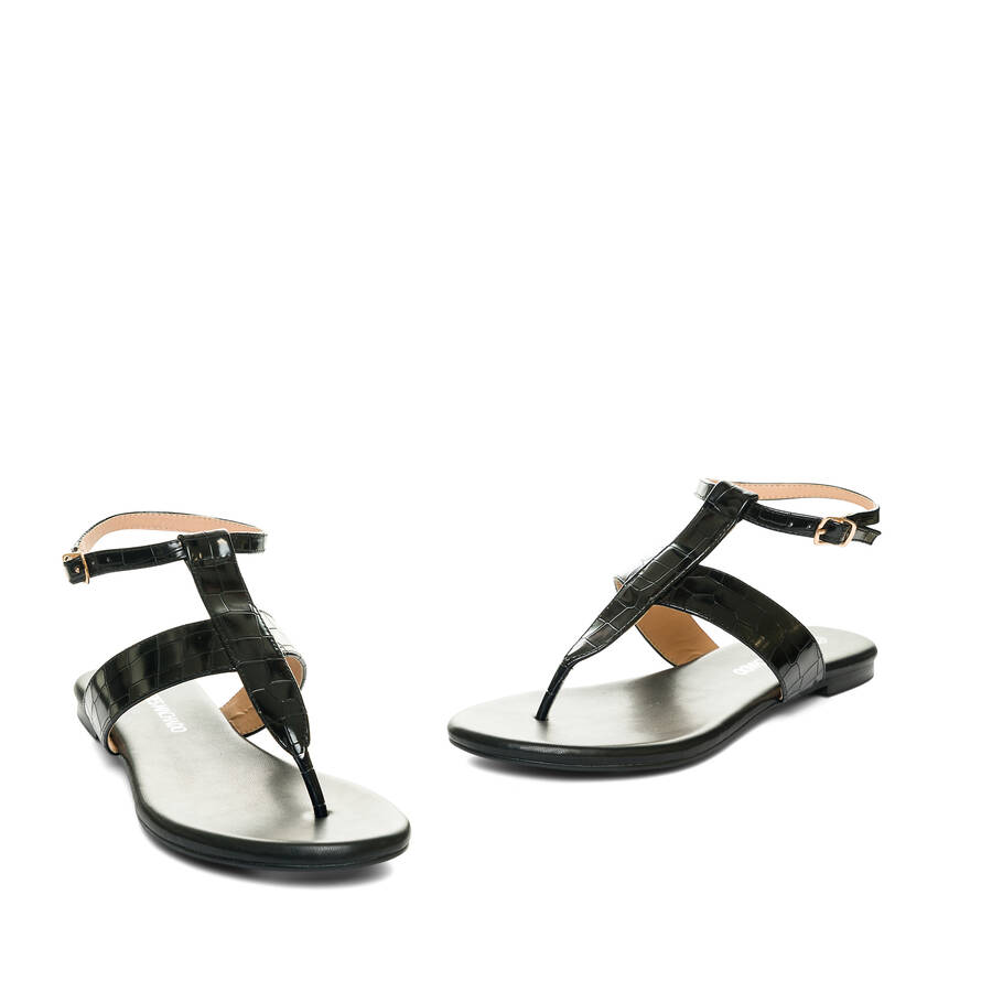 Black faux leather flat sandals 