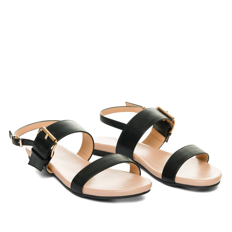 Black faux leather flat sandals 