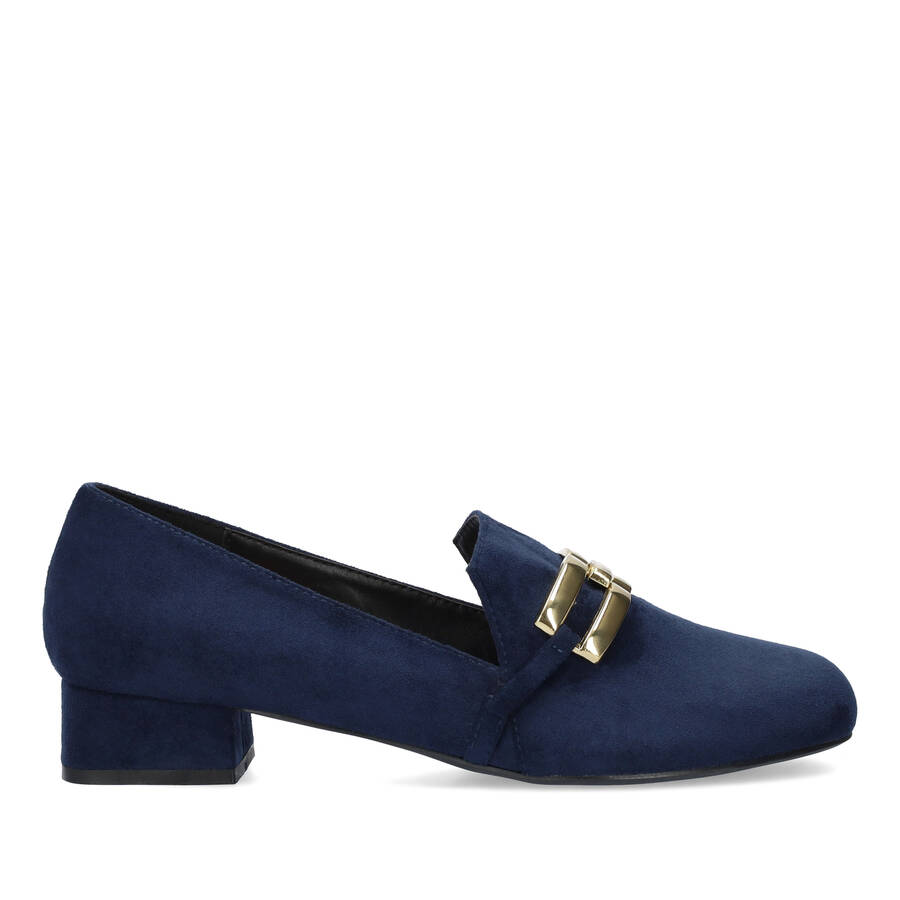 Moccasins in navy faux suede with chain detail 