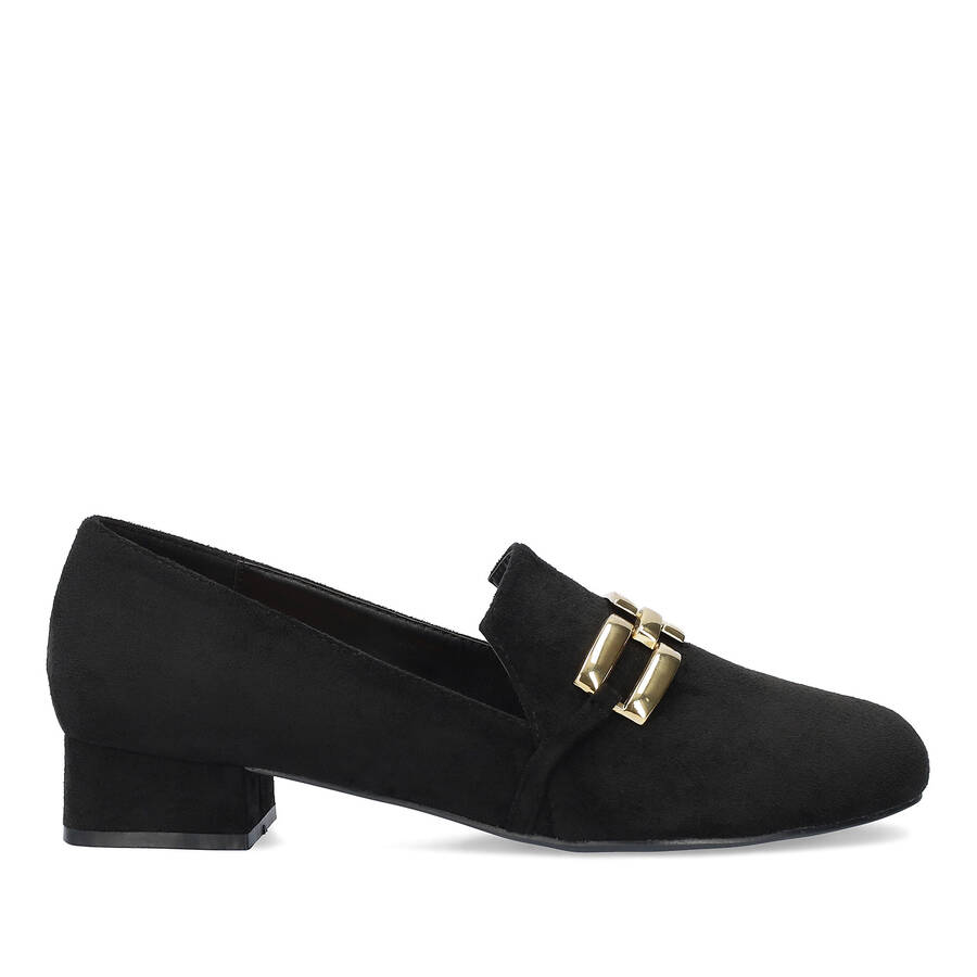 Moccasins in black faux suede with chain detail 