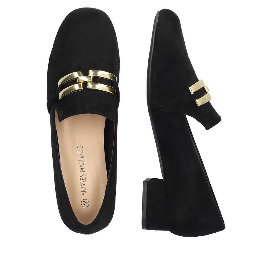 Moccasins in black faux suede with chain detail 