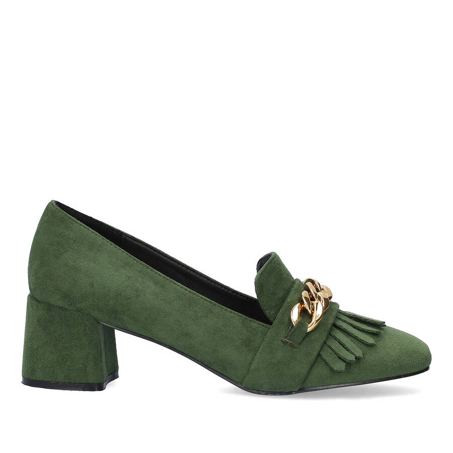 Heeled moccasin in green coloured faux suede 