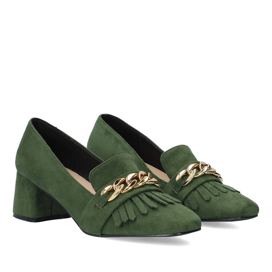 Heeled moccasin in green coloured faux suede 