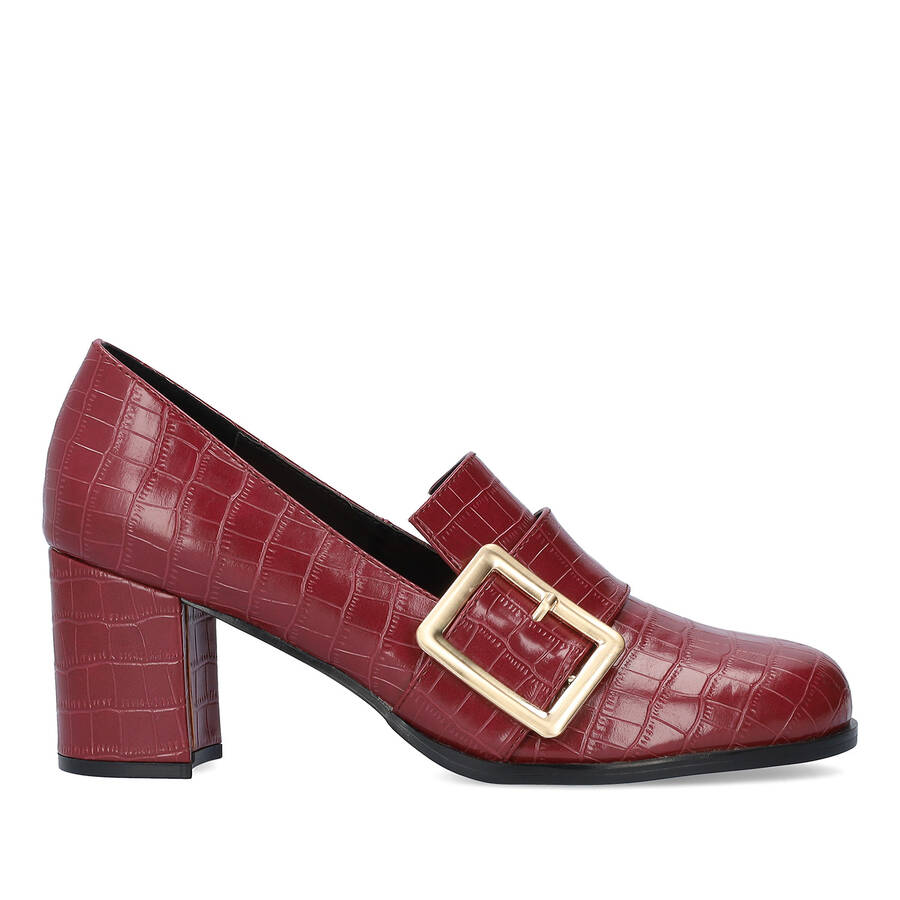 Heeled moccasins in burgundy faux croc leather and buckle detail 