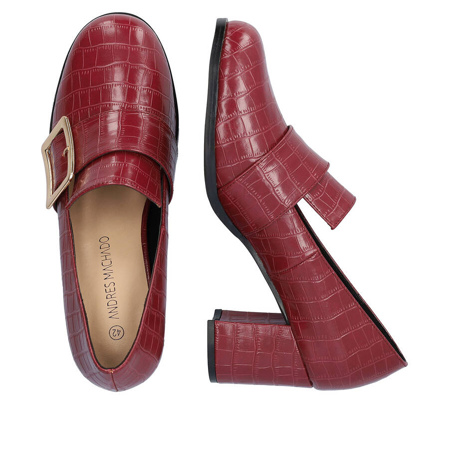 Heeled moccasins in burgundy faux croc leather and buckle detail 