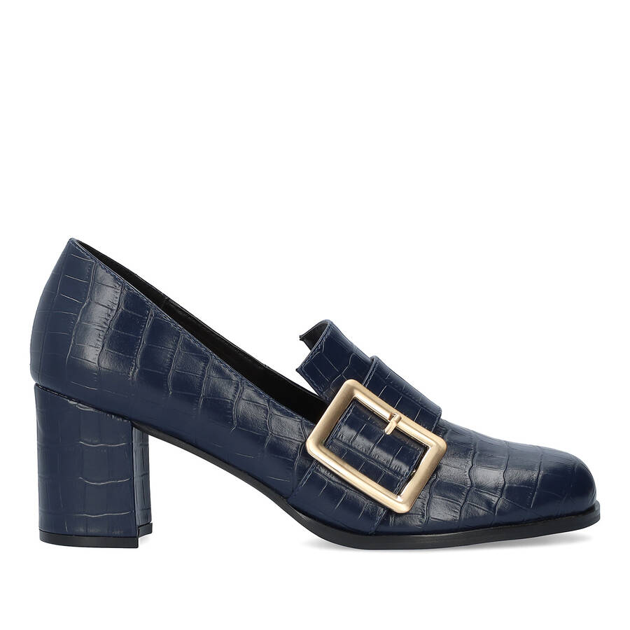 Moccasins in navy faux croc leather and buckle detail 