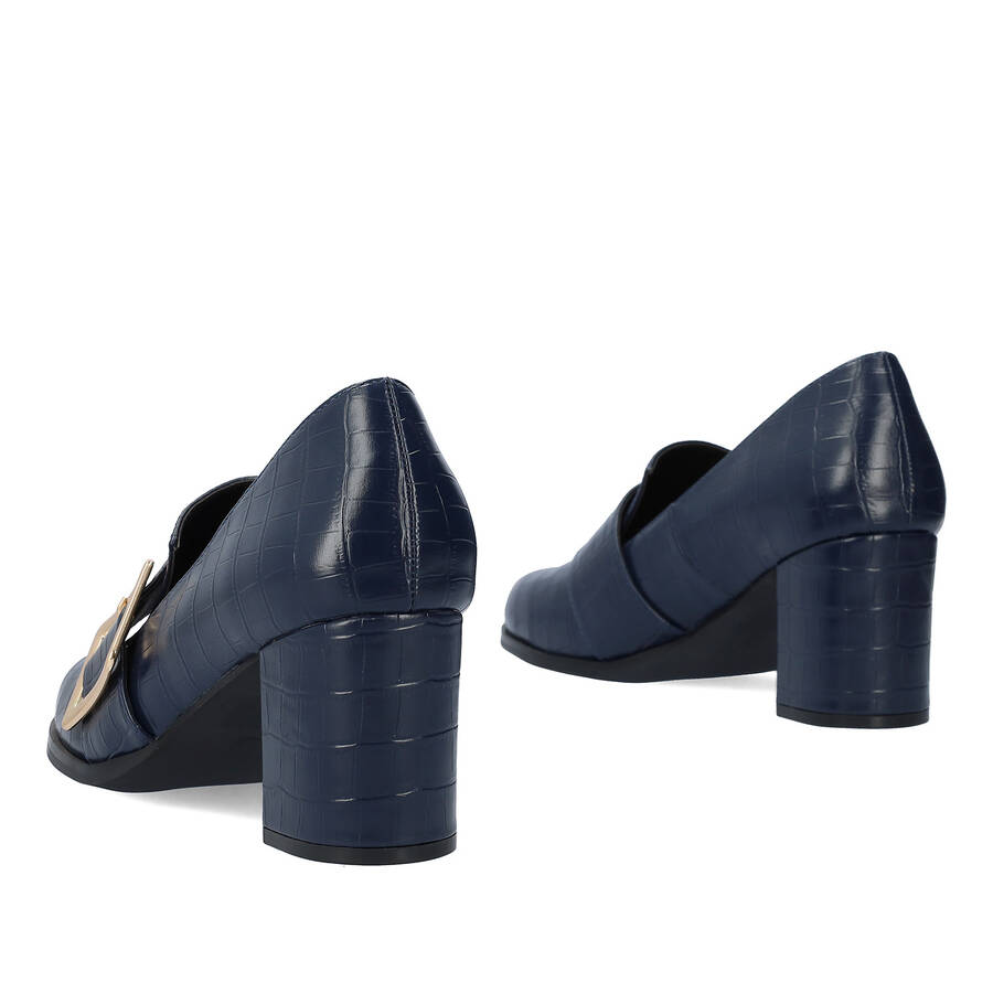 Moccasins in navy faux croc leather and buckle detail 