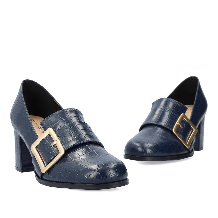 Moccasins in navy faux croc leather and buckle detail 