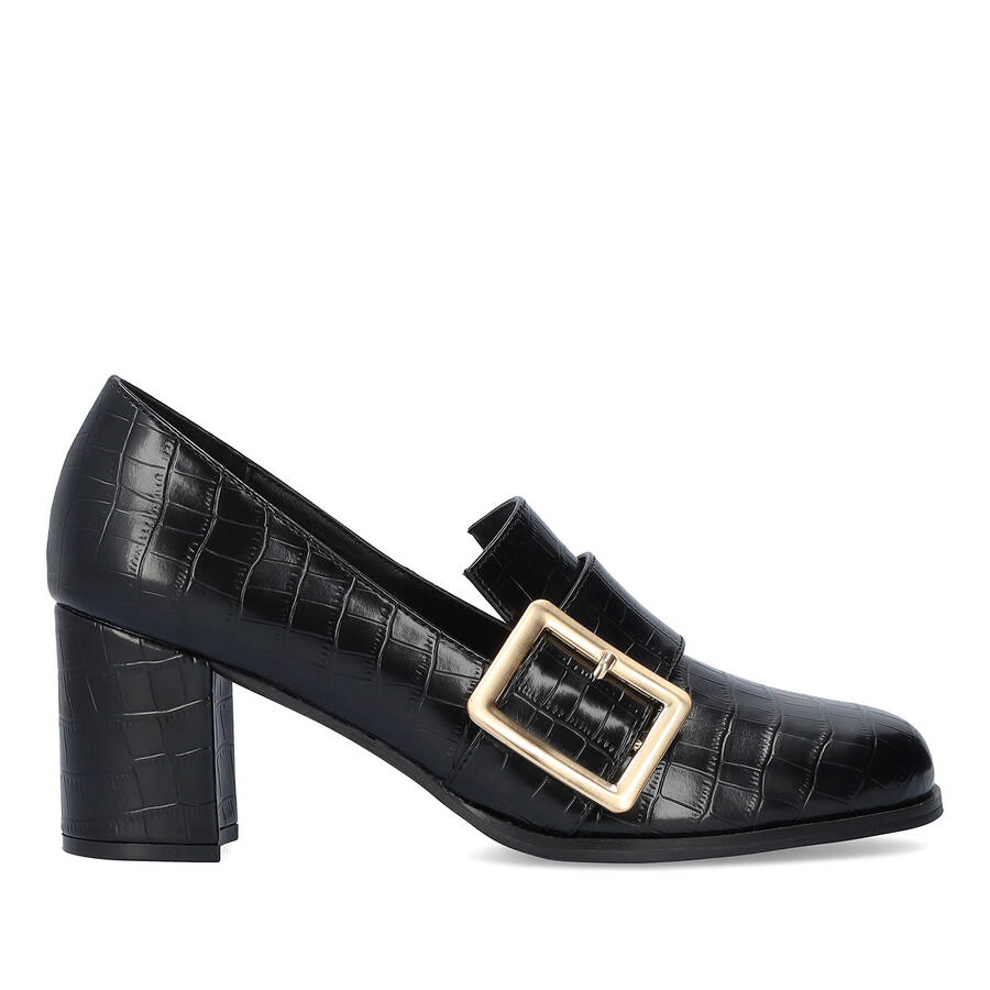 Moccasins in black faux croc leather and buckle detail 