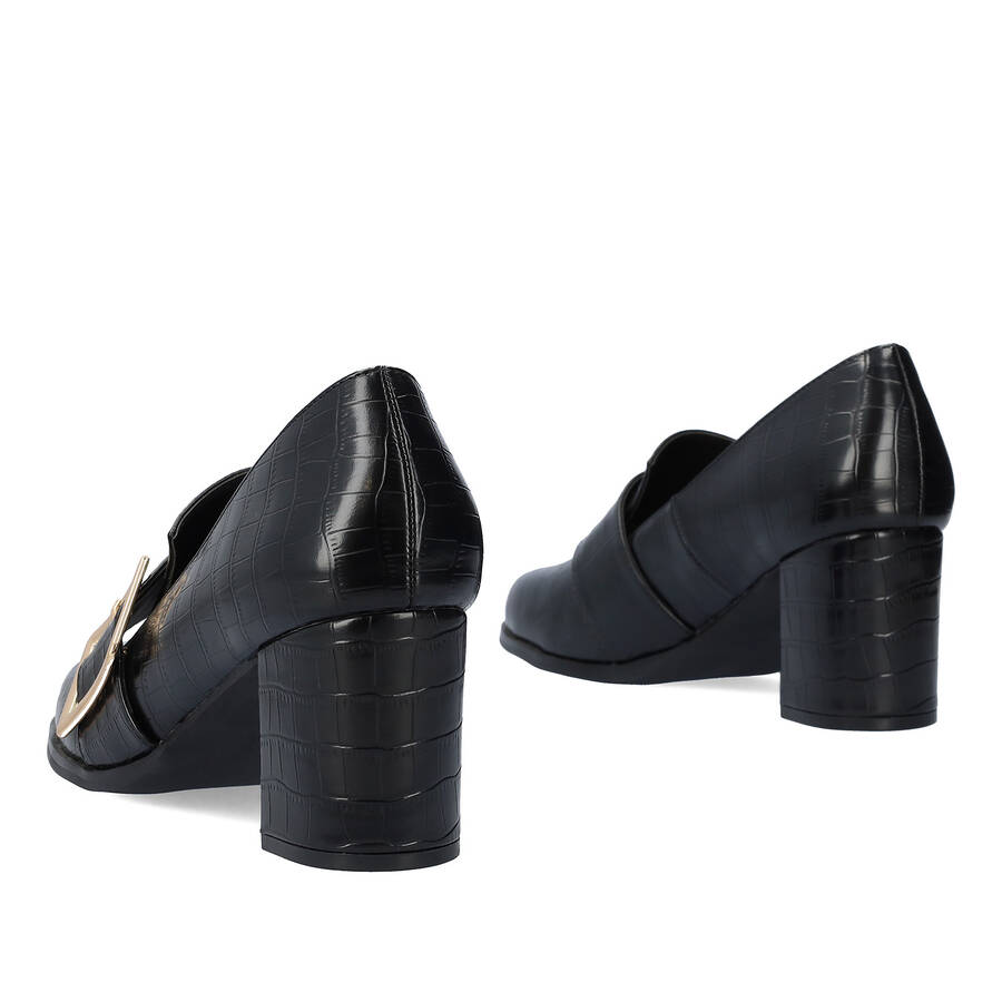 Moccasins in black faux croc leather and buckle detail 