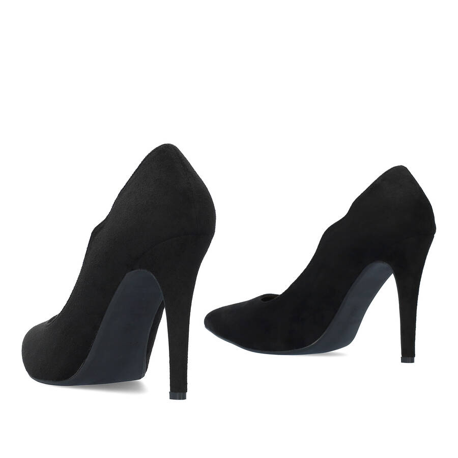 Fine tip stilettos in black faux suede. 