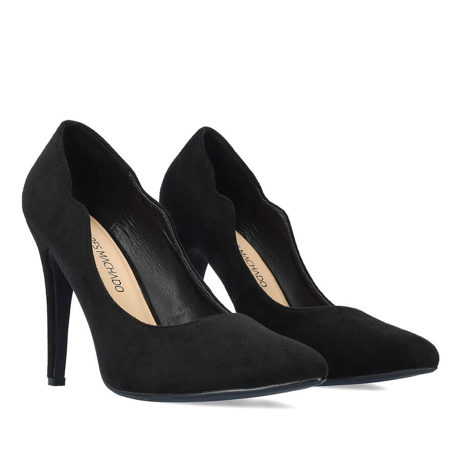 Fine tip stilettos in black faux suede. 