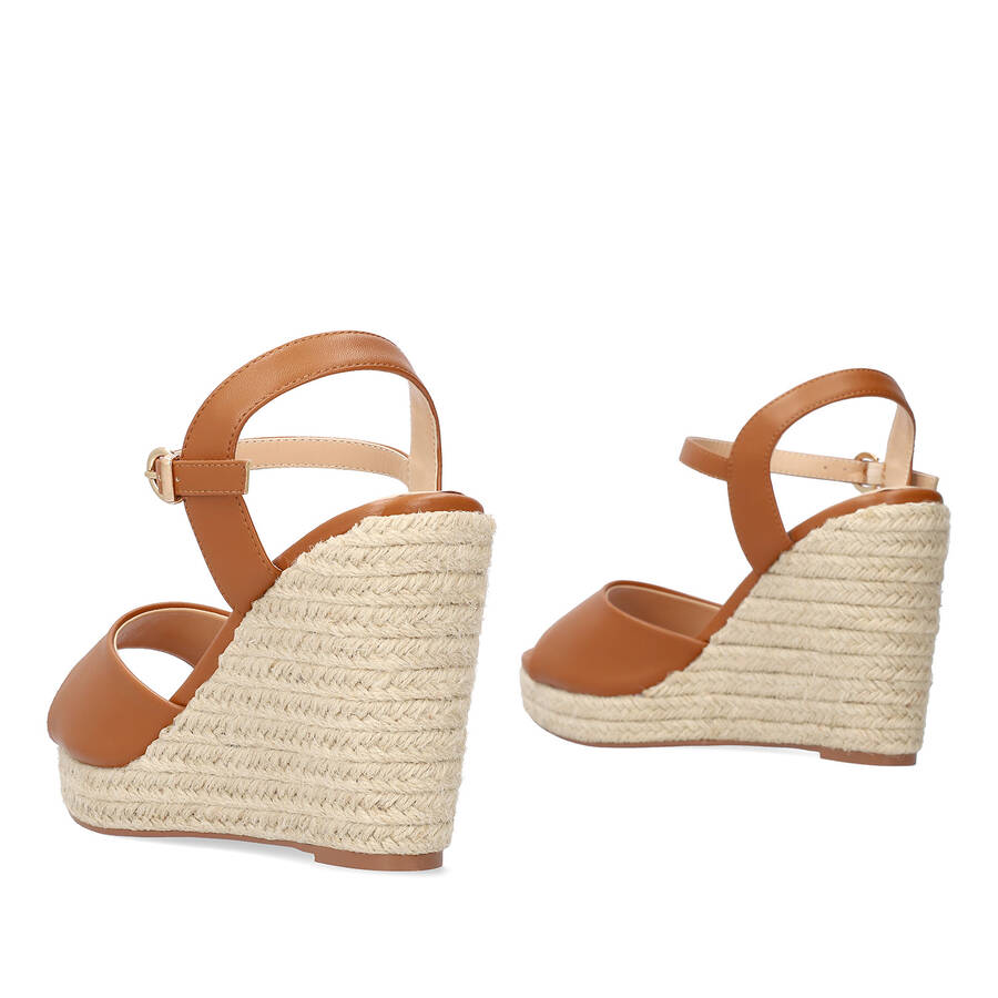 Brown soft fabric sandal with a jute wedge 