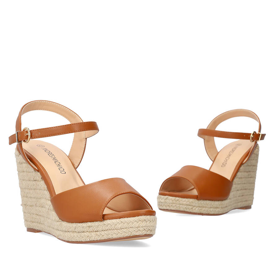 Brown soft fabric sandal with a jute wedge 