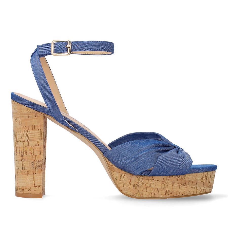 Blue fabric sandal with cork-effect heel 