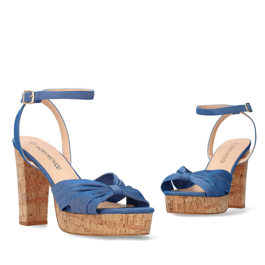 Blue fabric sandal with cork-effect heel 