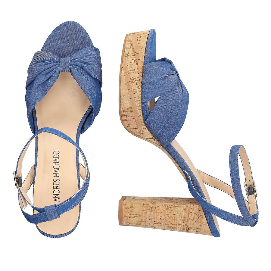 Blue fabric sandal with cork-effect heel 