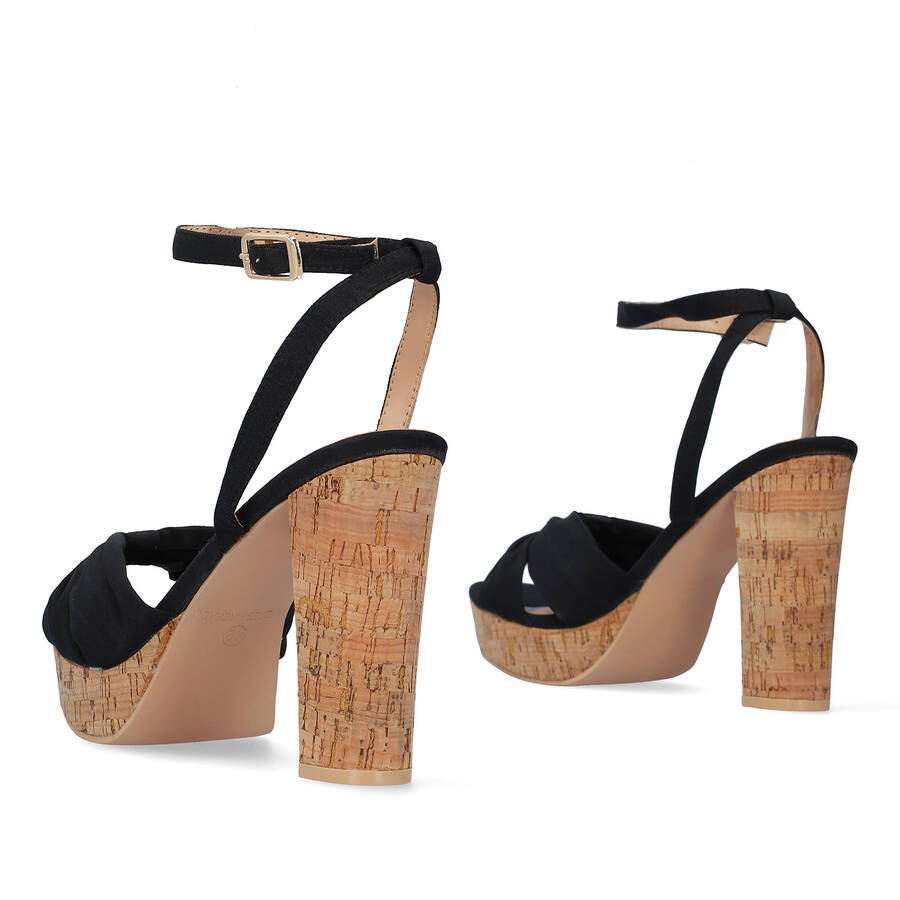 Black fabric sandal with cork-effect heel 