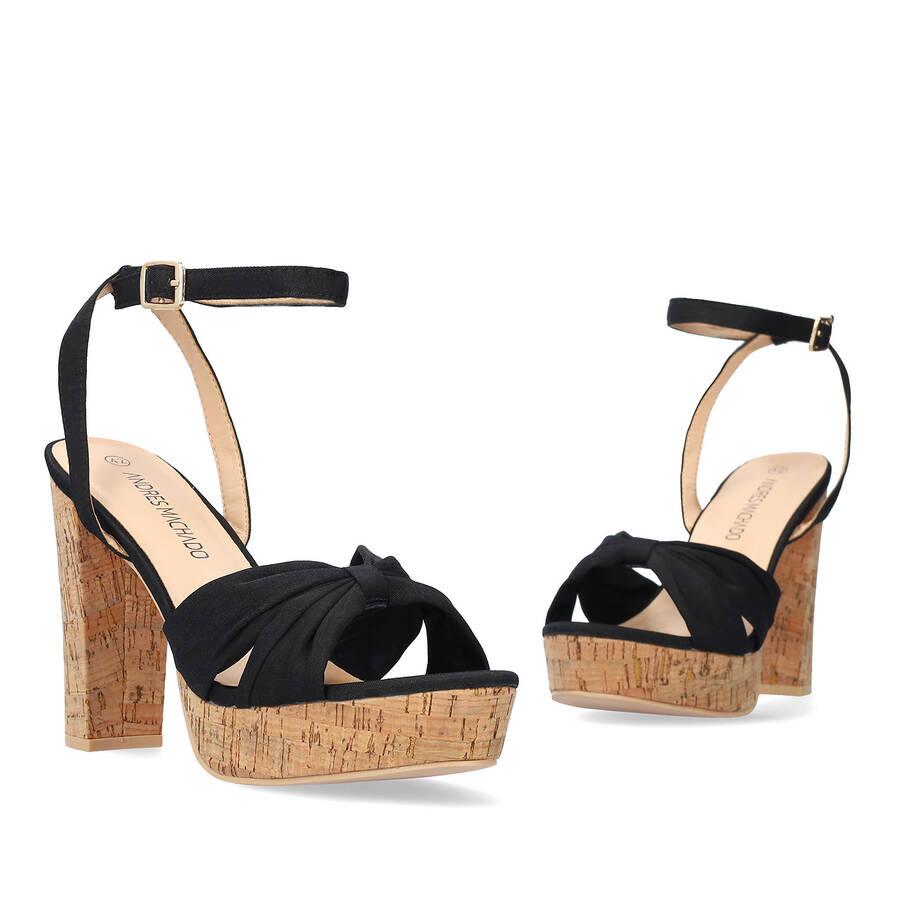 Black fabric sandal with cork-effect heel 