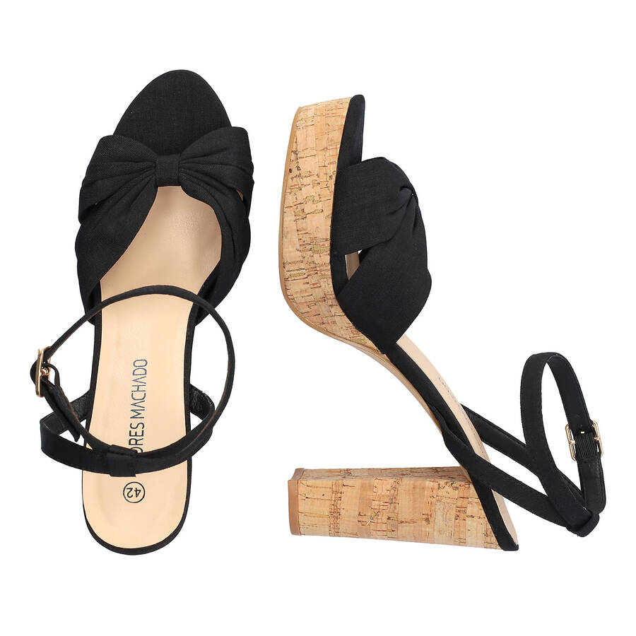 Black fabric sandal with cork-effect heel 