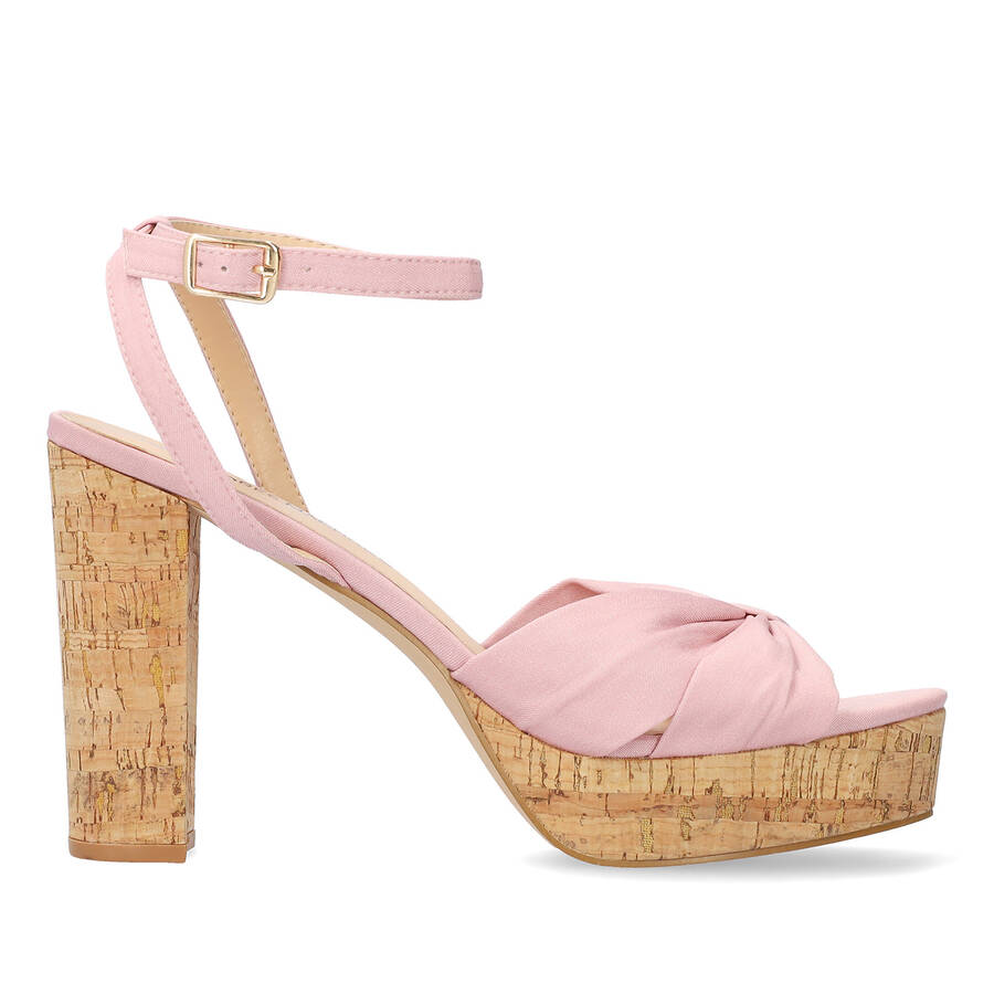 Pink fabric sandal with cork-effect heel 