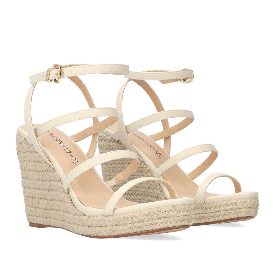 Beige soft fabric sandal with a jute wedge 