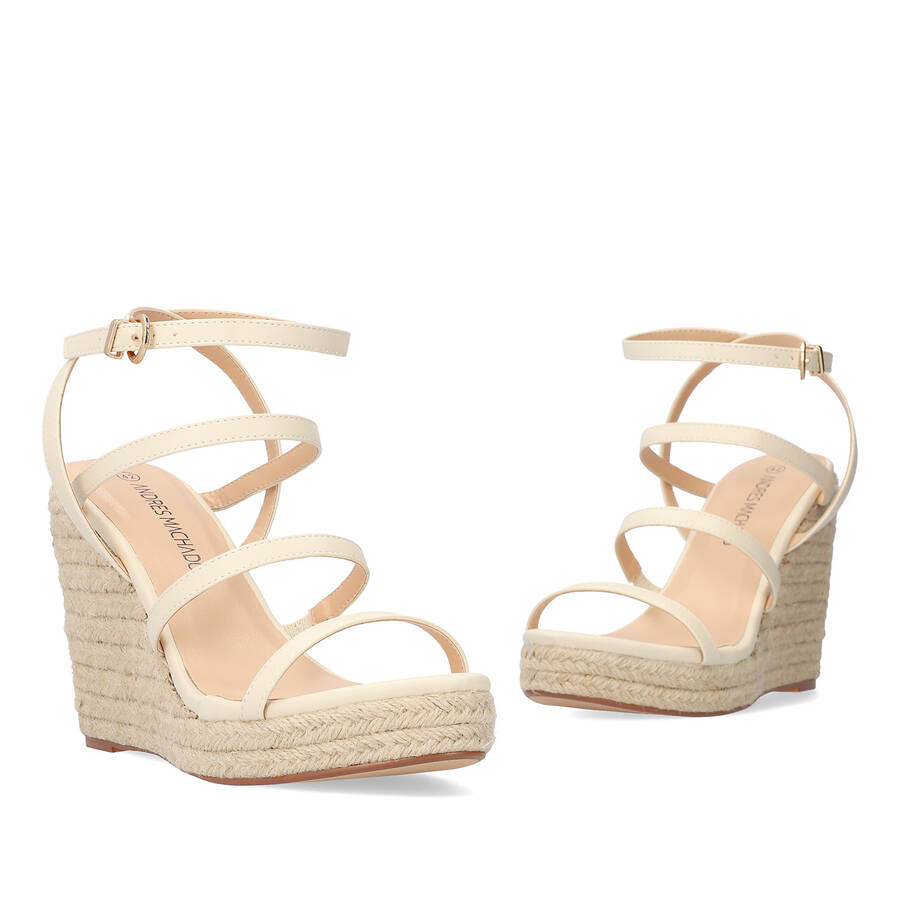 Beige soft fabric sandal with a jute wedge 