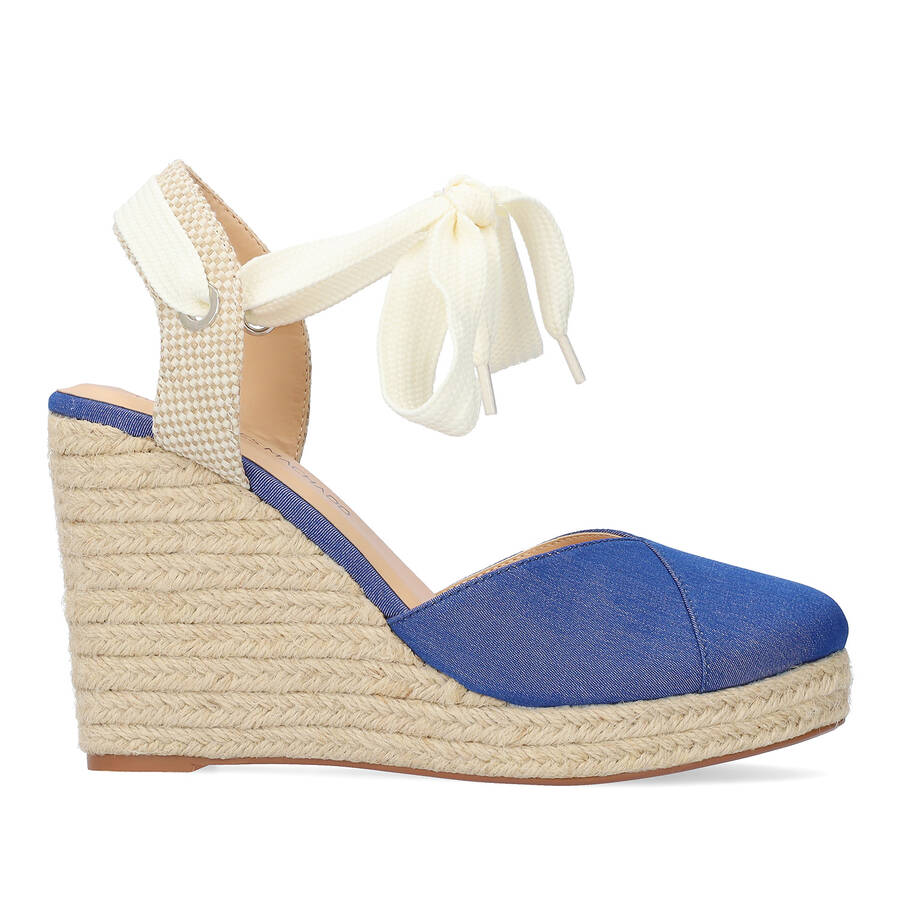 Espadrille en tissu bleu à talon compensé en jute 